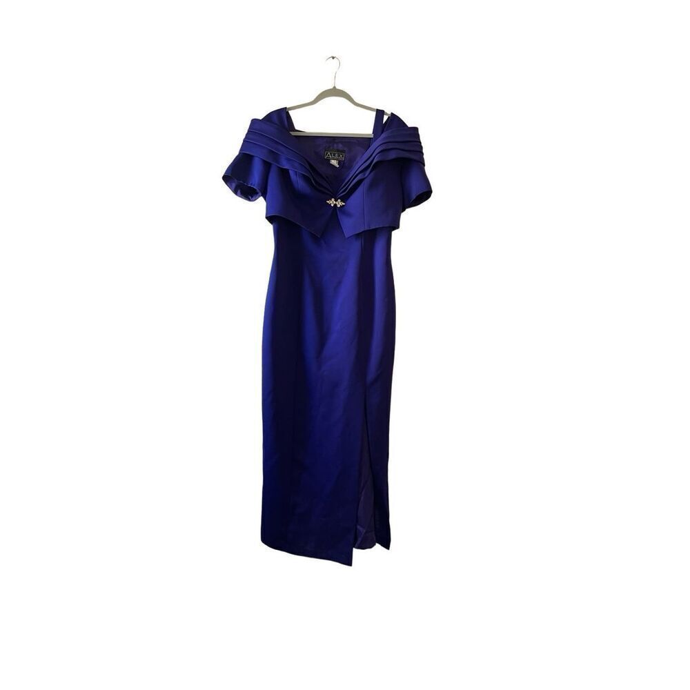 Vintage Alex evening blue satiny square neck maxi dress with shawl jacket 14‎